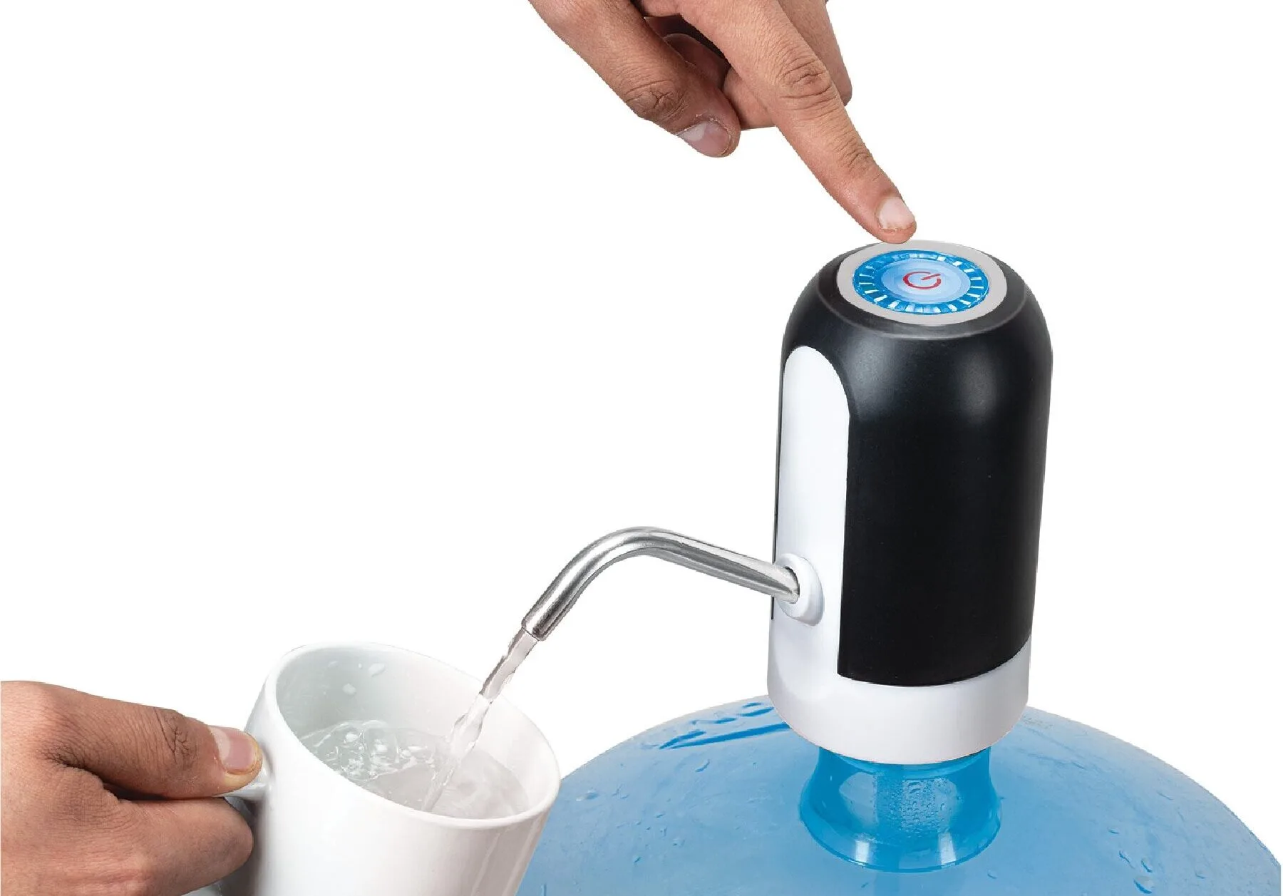 a hand pouring water into a water pump